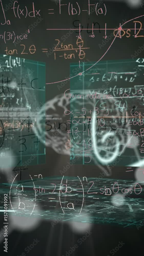 Poster animation of mathematical equations over digital brain and data processing on black background