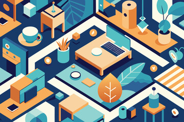 Isometric illustration of a modern workspace with computer desk plants and geometric elements suitable for design projects