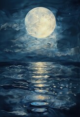 Serene Abstract Nighttime Seascape With A Luminous Moon