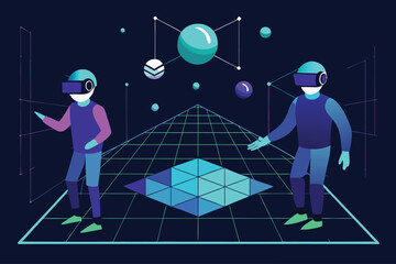 Metaverse exploration two people experience virtual reality world with futuristic technology concept