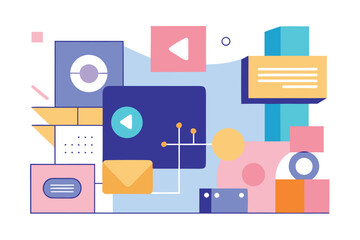 Modern abstract geometric composition featuring play buttons icons and communication symbols