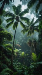 Vertical banner, wallpaper for social media of Lush tropical rainforest, towering palm trees, vibrant green foliage, dense undergrowth, misty atmosphere, soft diffused light, exotic plants, ferns