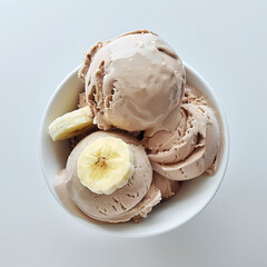 Chocolate banana ice cream in bowl close-up. Top view