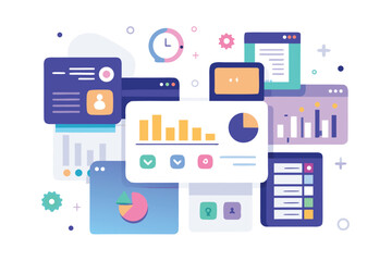 Modern data analysis and reporting illustrations with charts graphs user interfaces and dashboard elements.
