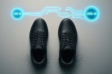 Gamification concept: black sneakers stepping from log in to level up
