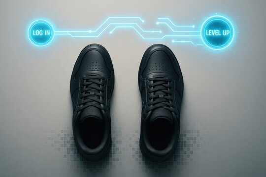 Gamification concept: black sneakers stepping from log in to level up
