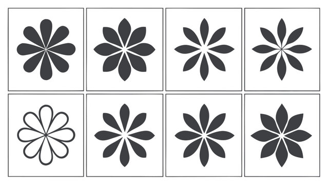 Collection of eight stylized floral petal icons in dark gray on white background