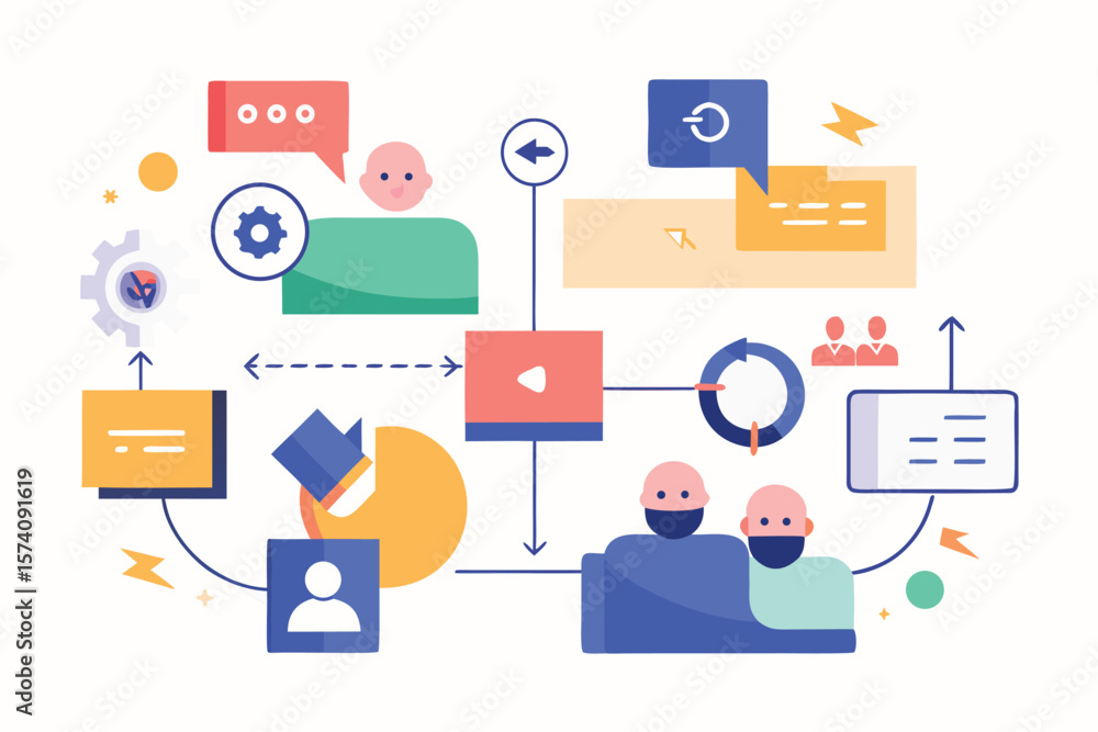 Poster modern illustration depicting digital workflow process with various icons for communication and user