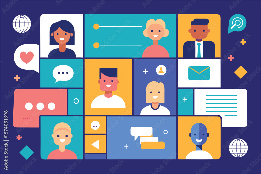 Poster modern illustration depicting diverse individuals connected through communication and social interac