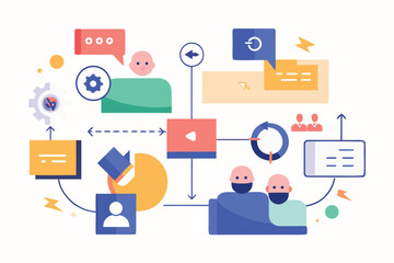 Modern illustration depicting digital workflow process with various icons for communication and user interaction