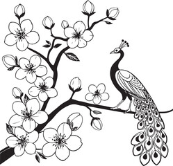 beautiful cherry blossom flowers And a beautiful peacock bird, vector illustration