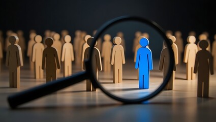 A blue figure stands out among wooden figures viewed through a magnifying glass in a dark setting