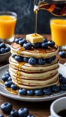 Vertical banner, wallpaper for social media of stacked ricotta pancakes, with glistening blueberries a tab of warm butter melted on top and beginning to melt down the sides of the stack