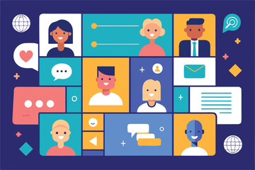 Modern illustration depicting diverse individuals connected through communication and social interaction within a colorful interface.