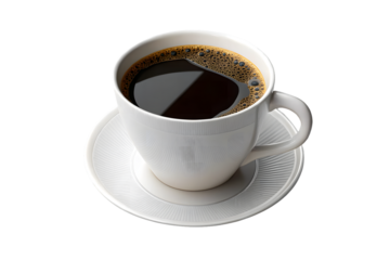 Brown disposable coffee cup with lid beside, dark coffee with foam, takeaway style presentation, isolated on a transparent background