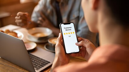 Close up of a person holding a smartphone displaying a customer review with five yellow stars and a 5 0 rating with a laptop and cafe setting in the background