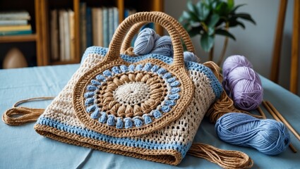 bohemian-style bag, artfully crocheted, lying on a light blue tablecloth. The bag is decorated with a detailed floral and circular pattern of natural beige color