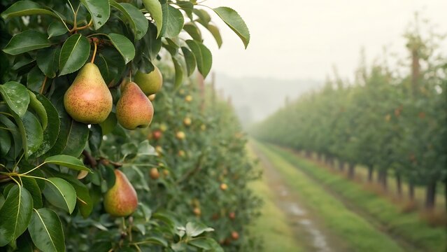Pear orchard in the morning mist ripe pears on branches rows of trees agricultural landscape high resolution photo