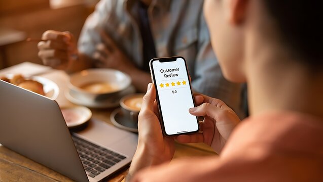 Close up of a person holding a smartphone displaying a customer review with five yellow stars and a 5 0 rating with a laptop and cafe setting in the background