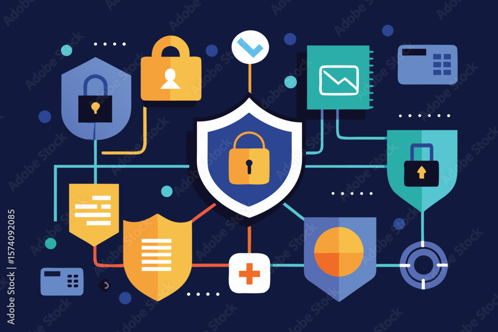 Poster secure digital network data protection illustrated with shields padlocks and connected elements in a