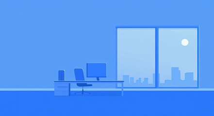 Obraz premium Serene minimalist office overlooking a cityscape, featuring a desk, computer, and chair. Sunlight streams through large windows