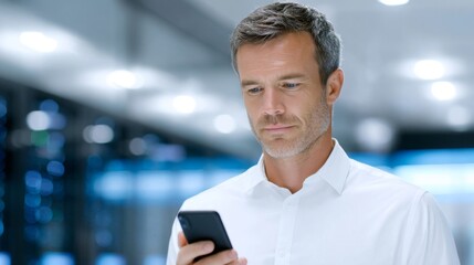 A focused businessman checks his smartphone in a modern office environment. He appears thoughtful and engaged with technology. This image embodies professionalism and innovation. AI
