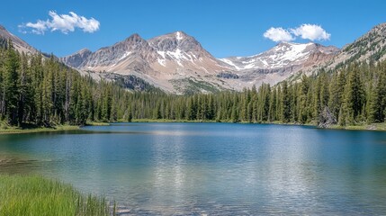 Serene mountain lake nestled amidst a lush coniferous forest, reflecting the majestic snow-capped peaks under a vibrant blue sky