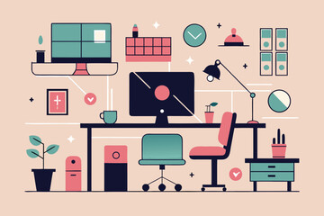 Modern workspace illustration showcasing a stylized desk with a computer monitor and office accessories in a simple design.
