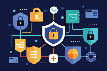 Secure digital network data protection illustrated with shields padlocks and connected elements in a vector style