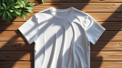 White t-shirt, wooden table background, bright sunlight, plant on the side, minimalistic aesthetic, soft shadows, realistic texture, natural lighting