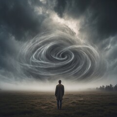 Vertical banner, wallpaper for social media of A person standing still in the center of a windstorm, eyes closed, expression calm, chaos swirling around them, metaphor for overthinking inner stillness