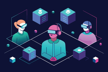 Virtual reality metaverse concept illustration of people interacting in immersive digital world environments