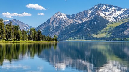 Fototapeta premium Serene mountain lake reflecting snow-capped peaks under a vibrant blue sky, tranquil landscape