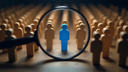 Magnifying glass focusing on a blue figure among wooden figures in a row on wooden surface