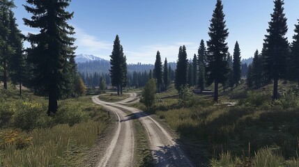 Serene mountain road winding through a lush evergreen forest, under a clear blue sky. A picturesque landscape perfect for adventure or relaxation