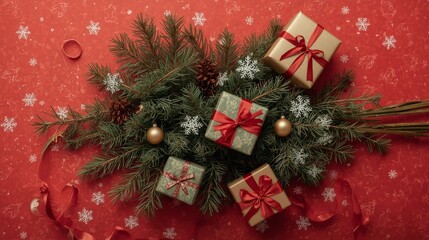 A festive still life composition featuring a bundle of fresh pine branches, adorned with delicate snowflakes and scattered evergreen needles, placed atop a vibrant red background adorned intricately