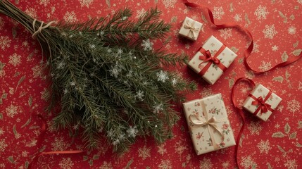 A festive still life composition featuring a bundle of fresh pine branches, adorned with delicate snowflakes and scattered evergreen needles, placed atop a vibrant red background adorned intricately