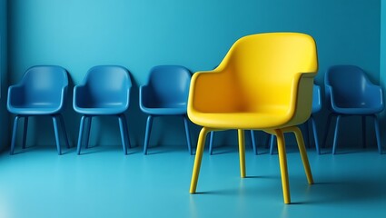A yellow chair standing out among a row of blue chairs against a blue wall and floor setting