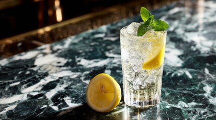 A sparkling soda served in a clear glass with ice, accompanied by a slice of lemon and a mint sprig, on a marble countertop