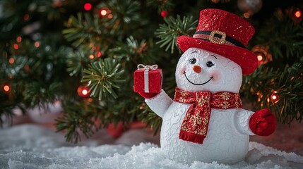 A jovial white snowman, carved with intricate details and a cheerful smile, stands proudly on a pristine white snowy background, wearing a vibrant red top hat adorned with a sparkling golden buckle
