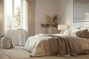 Fototapeta premium Bedroom interior featuring a large bed, air purifier, woven basket, and natural light, in a neutral color palette.