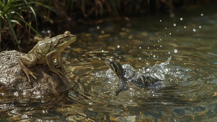 A lifelike frog on a rock by the riverbank, noticing the trapped turtle underwater. It leaps into the water in a dynamic action pose, creating a dramatic splash. Natural surroundings