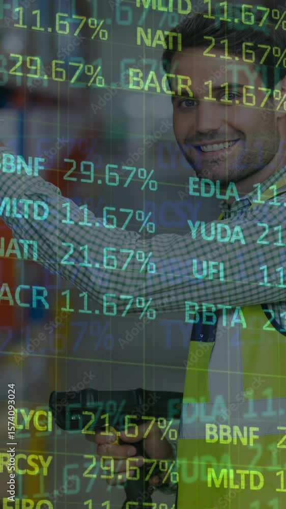 Aufkleber animation of data processing over man working in warehouse