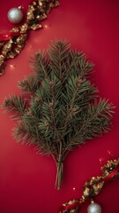 Vertical banner, wallpaper for social media of A lush bundle of fresh pine branches with delicate needles and subtle brown undertones is artfully arranged on a vibrant, fire engine red background