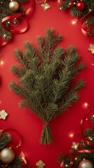 Vertical banner, wallpaper for social media of A lush bundle of fresh pine branches with delicate needles and subtle brown undertones is artfully arranged on a vibrant, fire engine red background