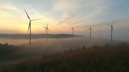 Obraz premium Serene sunrise over a misty field with several wind turbines generating clean energy