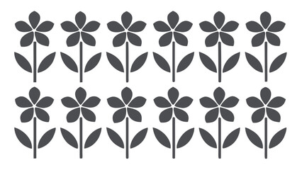 Simple dark gray five petal flowers with leaves in a repeating pattern