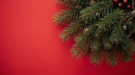 A lush bundle of fresh pine branches with delicate needles and subtle brown undertones is artfully arranged on a vibrant, fire engine red background, evoking a festive atmosphere