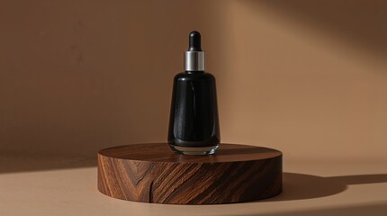 modern black serum bottle with a silver cap and elegant curves sits atop a smooth, dark brown circular wooden podium, its rich grain visible in the soft, warm lighting that highlights the subtle sheen