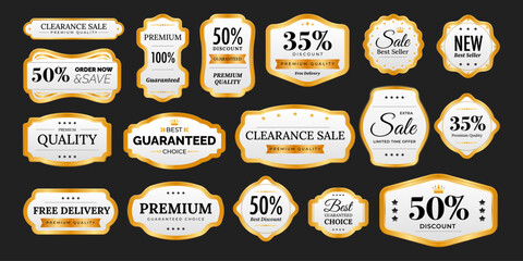 Set of Gold Seal Labels Set Collection, Golden luxury labels, gold premium quality certificate emblems badges, Luxury VIP and premium quality sticker tags and banners best product seals vector